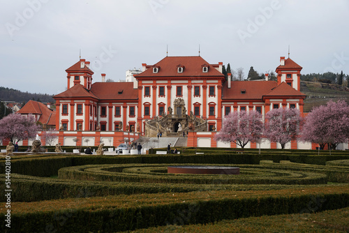 Beautiful baroque Troja Chateau in Prague surrounded by French garden with blooming cherry trees, popular tourist landmark in Prague, Czechia, spring season