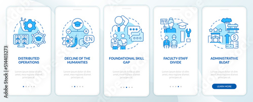 Problems in higher education blue onboarding mobile app screen. Walkthrough 5 steps editable graphic instructions with linear concepts. UI, UX, GUI template. Myriad Pro-Bold, Regular fonts used