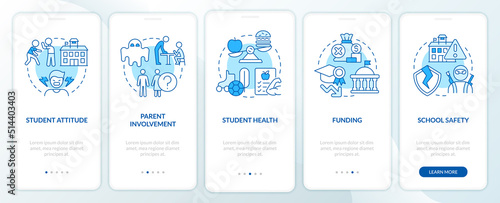 Problems in public schools blue onboarding mobile app screen. Walkthrough 5 steps editable graphic instructions with linear concepts. UI, UX, GUI template. Myriad Pro-Bold, Regular fonts used