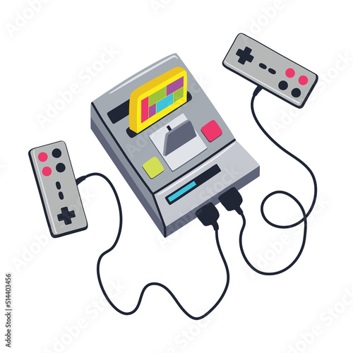 Retro game console 90s style. 8 bit video game icon. Oldschool gamer gadget. Joystick controller old style. Flat design freehand doodle vector illustration. Vintage nostalgic player gamer symbol.