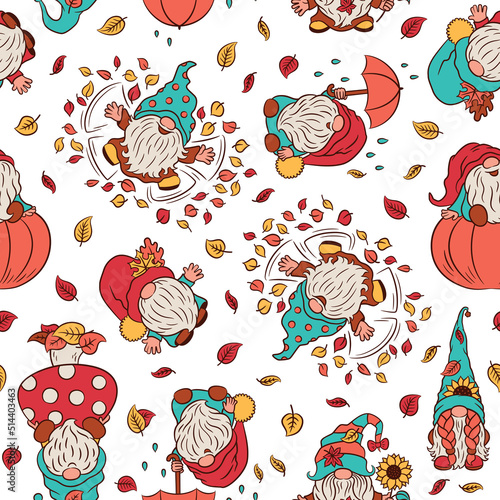 Cute fall gnomes seamless pattern. Fun scandinavian dwarf in the autumn forest. Decorative repeat design with gnomes and leaves. Whimsical character cute little garden gnome. 