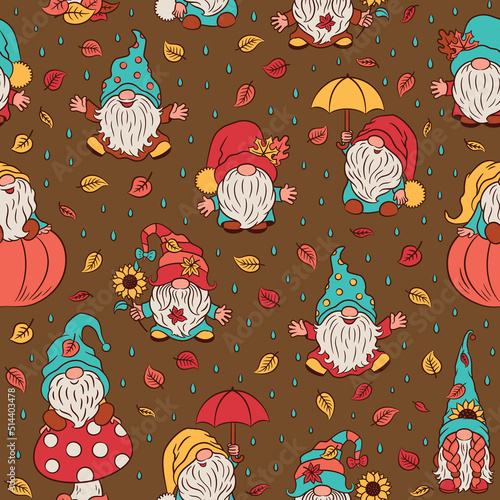 Autumn gnomes seamless pattern dark brown background. Fun scandinavian gnome in fall foliage. Repeat design for surface print with cute folklore dwarves.