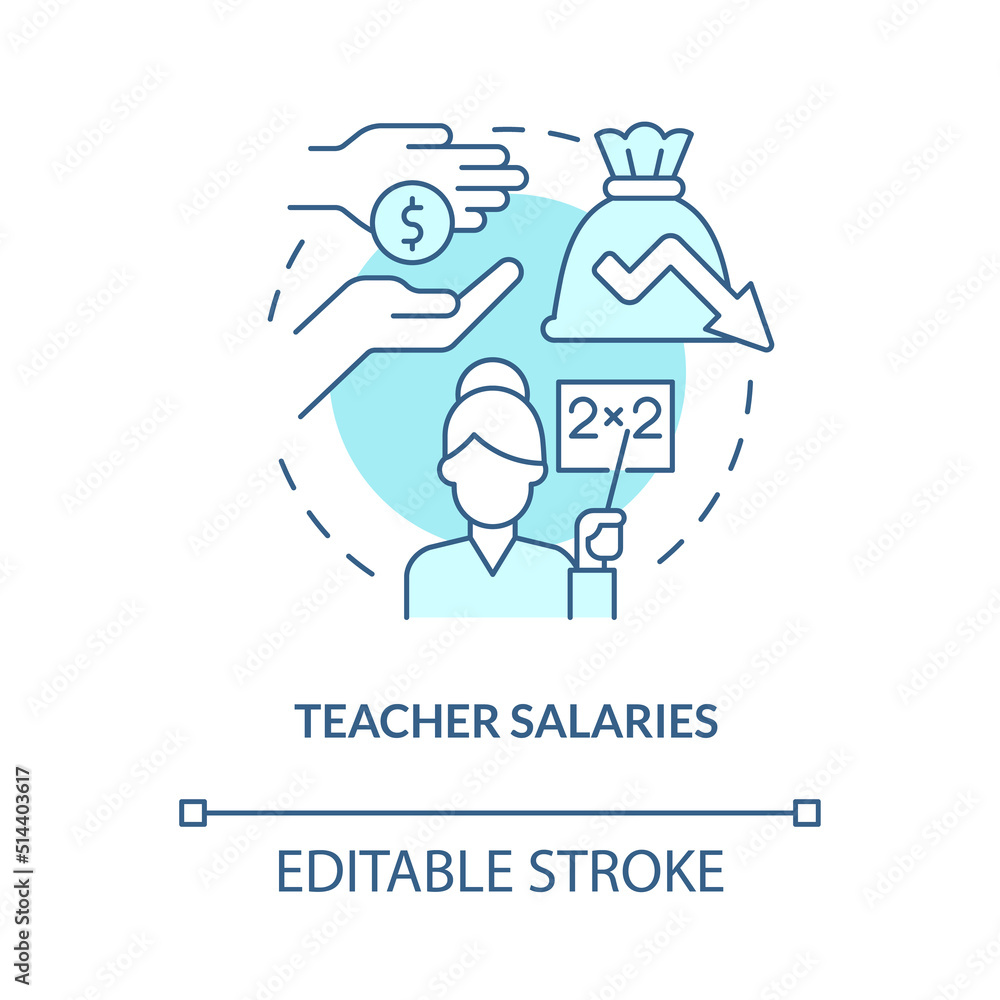Teacher salaries turquoise concept icon. Decreasing compensations. Education issue abstract idea thin line illustration. Isolated outline drawing. Editable stroke. Arial, Myriad Pro-Bold fonts used Teacher salaries turquoise concept icon. Decreasing compensations. Education issue abstract idea thin line illustration. Isolated outline drawing. Editable stroke. Arial, Myriad Pro-Bold fonts used