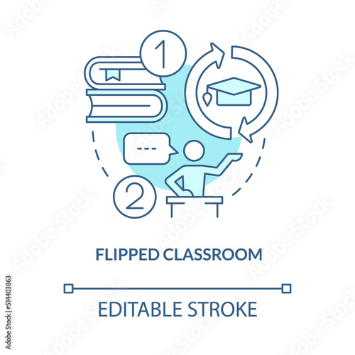 Flipped classroom turquoise concept icon. Discussion at lesson. Trend in education abstract idea thin line illustration. Isolated outline drawing. Editable stroke. Arial, Myriad Pro-Bold fonts used