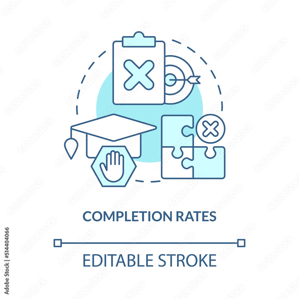 Completion rates turquoise concept icon. Do not finish college. Higher education abstract idea thin line illustration. Isolated outline drawing. Editable stroke. Arial, Myriad Pro-Bold fonts used Completion rates turquoise concept icon. Do not finish college. Higher education abstract idea thin line illustration. Isolated outline drawing. Editable stroke. Arial, Myriad Pro-Bold fonts used