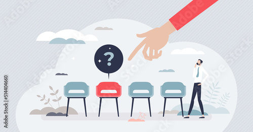 Open vacancy and empty company chair as hiring symbol tiny person concept. Search for new talent and best candidate for business vector illustration. Corporate employee wanted. Vacant human resources