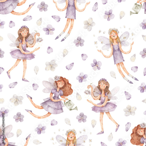 Garden fairies with flowers. Watercolor seamless pattern with  flying fairies and flowers. Hand-drawn texture with girls with wings