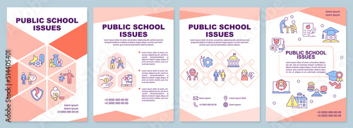 Public school issues red brochure template. Leaflet design with linear icons. Editable 4 vector layouts for presentation, annual reports. Arial-Black, Myriad Pro-Regular fonts used