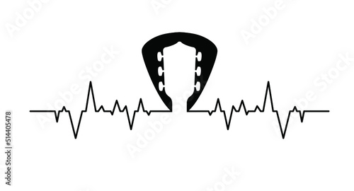 Heartbeat line pulse and guitar pick. Cartoon guitars headstock or or peghead. Rock music guitar necks or head silhouette. Vector icon or logo. Musical, acoustic entertainment. Guitar head symbol. 