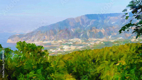Landscape with the city of Sorrento, Italy. Panorama of Italian nature with sea and mountains. Summer landscape, mediterranean view, nature. Oil painting colorful flowers and stones, summer seascape.