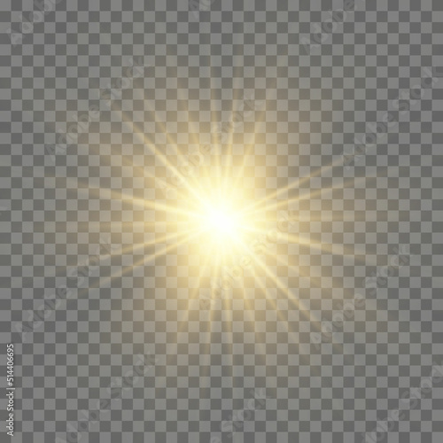 Yellow sun with rays and glow on transparent like background