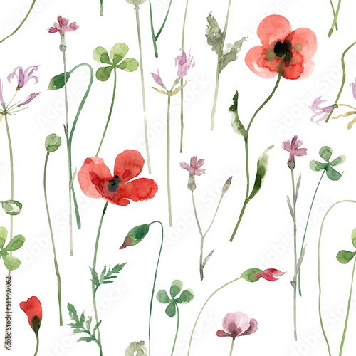 Wildflowers and herbs, poppies, clover, carnations seamless watercolor pattern on white background. Bright summer flowers hand-drawn watercolor background.