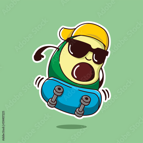 vector illustration of cute avocado skateboarding