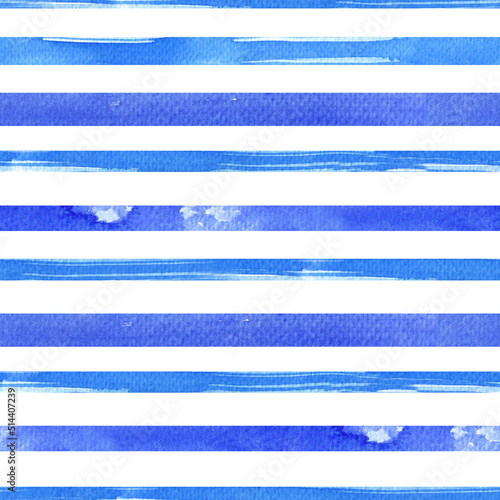 Blue stripes watercolor paintbrush seamless pattern. Handpainted lines textured background. Lines art tablecloth pattern. Distressed watercolor background with pain stripes.