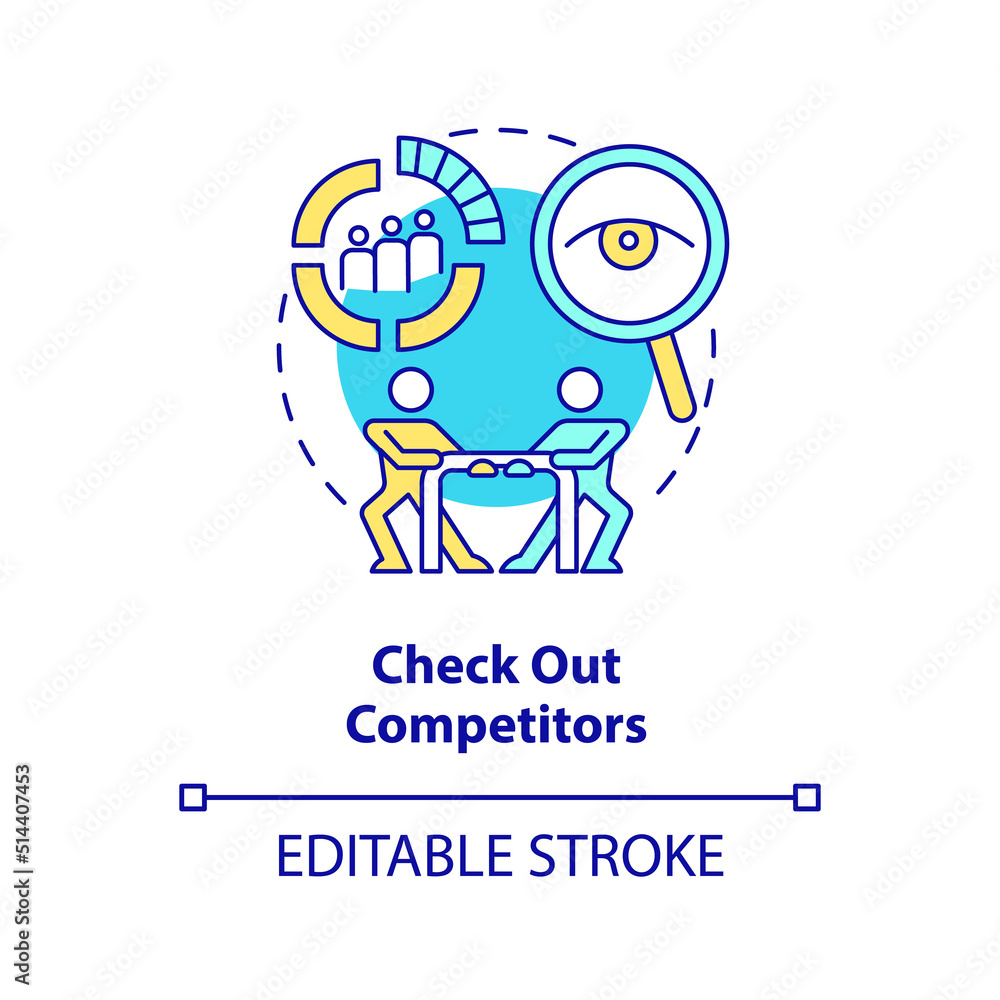 Check out competitors concept icon. Creating website do abstract idea thin line illustration. Analysis tools. Isolated outline drawing. Editable stroke. Arial, Myriad Pro-Bold fonts used Check out competitors concept icon. Creating website do abstract idea thin line illustration. Analysis tools. Isolated outline drawing. Editable stroke. Arial, Myriad Pro-Bold fonts used