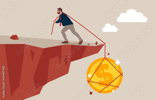 Confident businessman in business pulls big golden coin that pulls him to abyss. Struggling with debt, overcoming crisis, fighting hard.