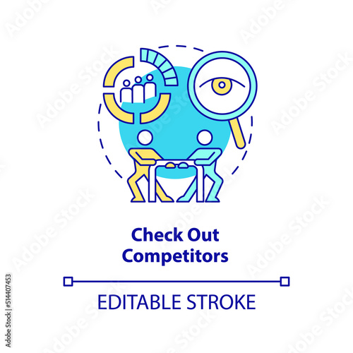 Check out competitors concept icon. Creating website do abstract idea thin line illustration. Analysis tools. Isolated outline drawing. Editable stroke. Arial, Myriad Pro-Bold fonts used