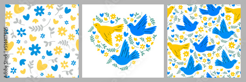 Set of seamless patterns and a card of doves of peace and flowers. Hand-drawn illustrations.