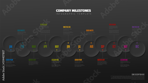 Full year timeline template with 12 dark circles