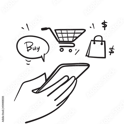 hand drawn doodle hand holding phone with shopping basket or cart illustration