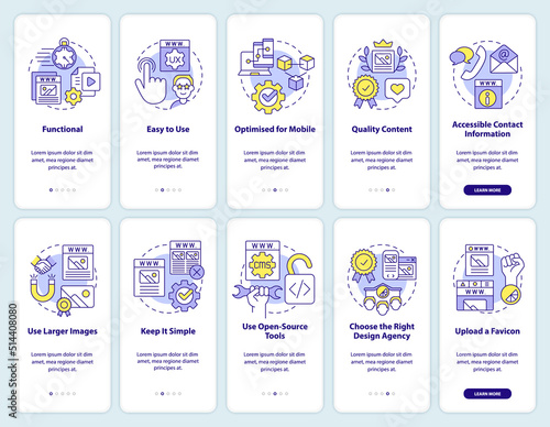 Building high-quality website onboarding mobile app screen set. Walkthrough 5 steps editable graphic instructions with linear concepts. UI, UX, GUI template. Myriad Pro-Bold, Regular fonts used