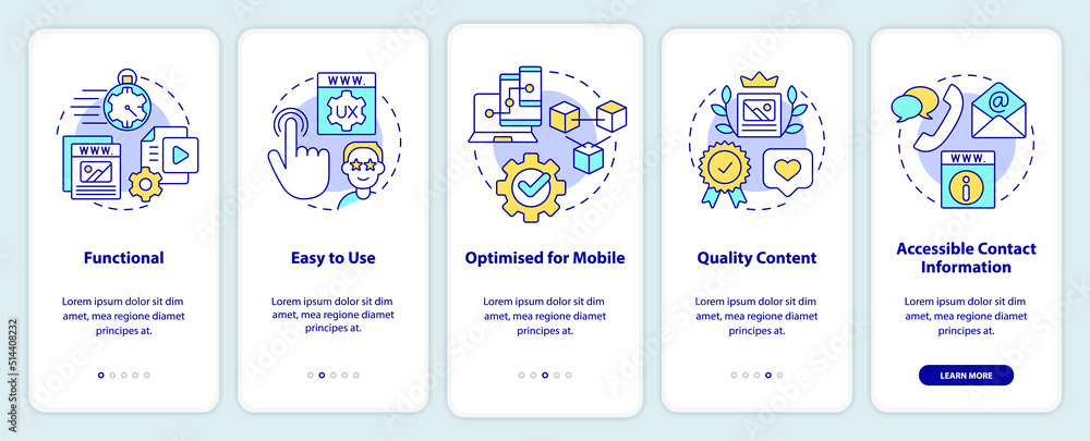 Qualities of good website onboarding mobile app screen. Easy to use walkthrough 5 steps editable graphic instructions with linear concepts. UI, UX, GUI template. Myriad Pro-Bold, Regular fonts used
