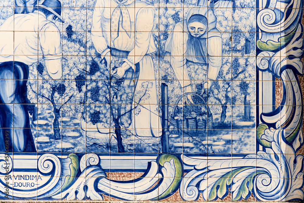 panels of azulejos, tiles, showing the grape harvest in the vineyards at the railway station of Peso da Regua, Portugal panels of azulejos, tiles, showing the grape harvest in the vineyards at the railway station of Peso da Regua, Portugal