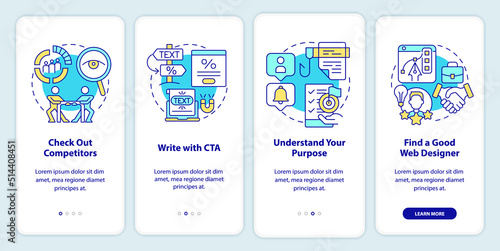 Creating website dos onboarding mobile app screen. Competition walkthrough 4 steps editable graphic instructions with linear concepts. UI, UX, GUI template. Myriad Pro-Bold, Regular fonts used