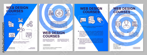 Web design classes blue brochure template. Technical skills. Leaflet design with linear icons. Editable 4 vector layouts for presentation, annual reports. Arial, Myriad Pro-Regular fonts used