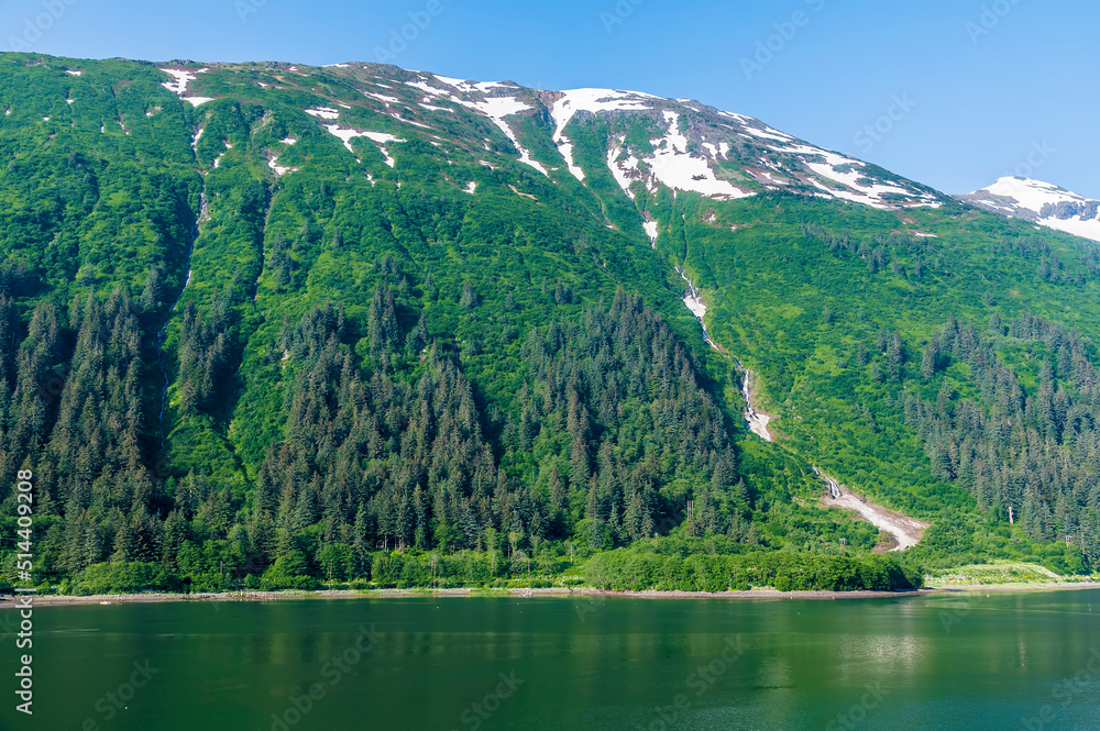 A view of the sides of the gastineau channel outside Juneau, Alaska in summertime