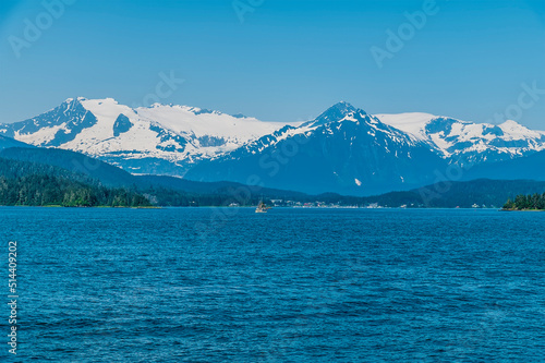A view from Auke Bay towards the outskirts of Juneau, Alaska in summertime