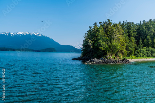 A view towards an island in Auke Bay on the outskirts of Juneau, Alaska in summertime
