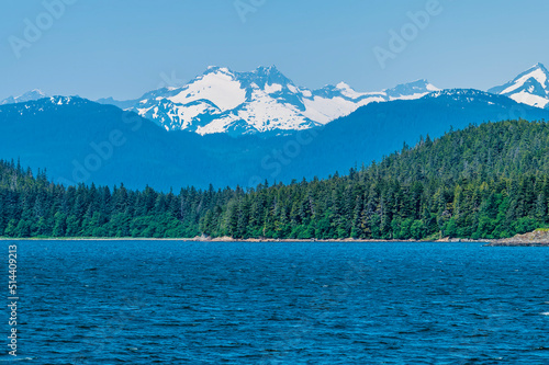 A view towards the shoreline in Auke Bay on the outskirts of Juneau, Alaska in summertime