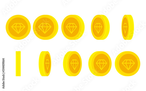 Cartoon gold coin with diamond silhouette rotating. Animation sprite sheet isolated on white background