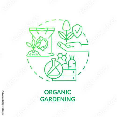 Organic gardening green gradient concept icon. No synthetic fertilizers. Growing plants. Gardening type abstract idea thin line illustration. Isolated outline drawing. Myriad Pro-Bold font used