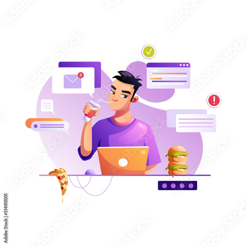 Programmer eats fast food at the workplace. Development of programming and coding technologies. A screen with codes, a developer working with a task. Isolated vector illustration.