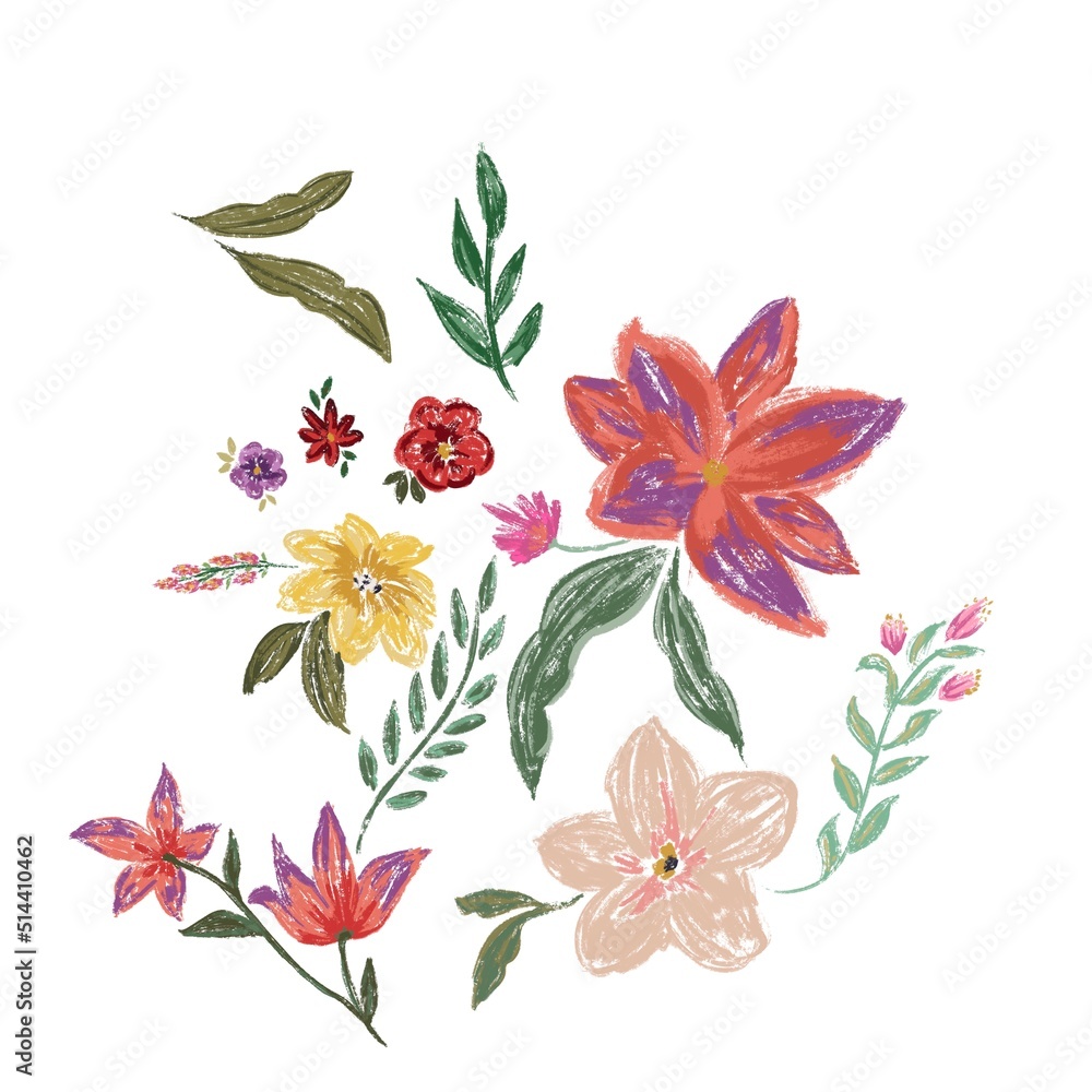 set of  colorful flowers and leaves