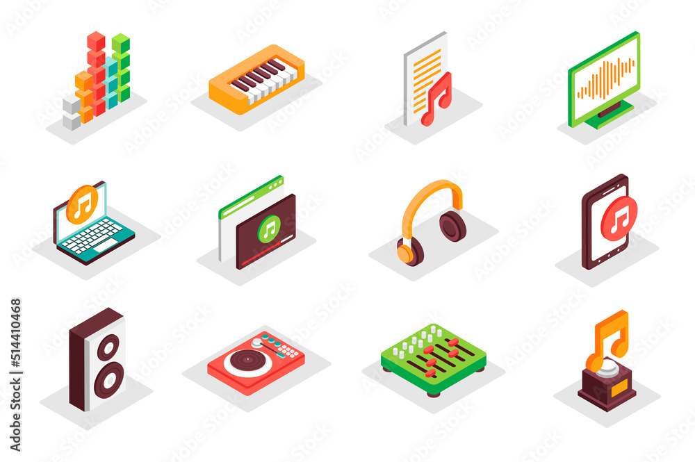 Music concept 3d isometric icons set. Pack isometry elements of equalizer, piano, song, volume, audio, video, headphones, musical speaker, mixer and other. Illustration for modern web design Music concept 3d isometric icons set. Pack isometry elements of equalizer, piano, song, volume, audio, video, headphones, musical speaker, mixer and other. Illustration for modern web design