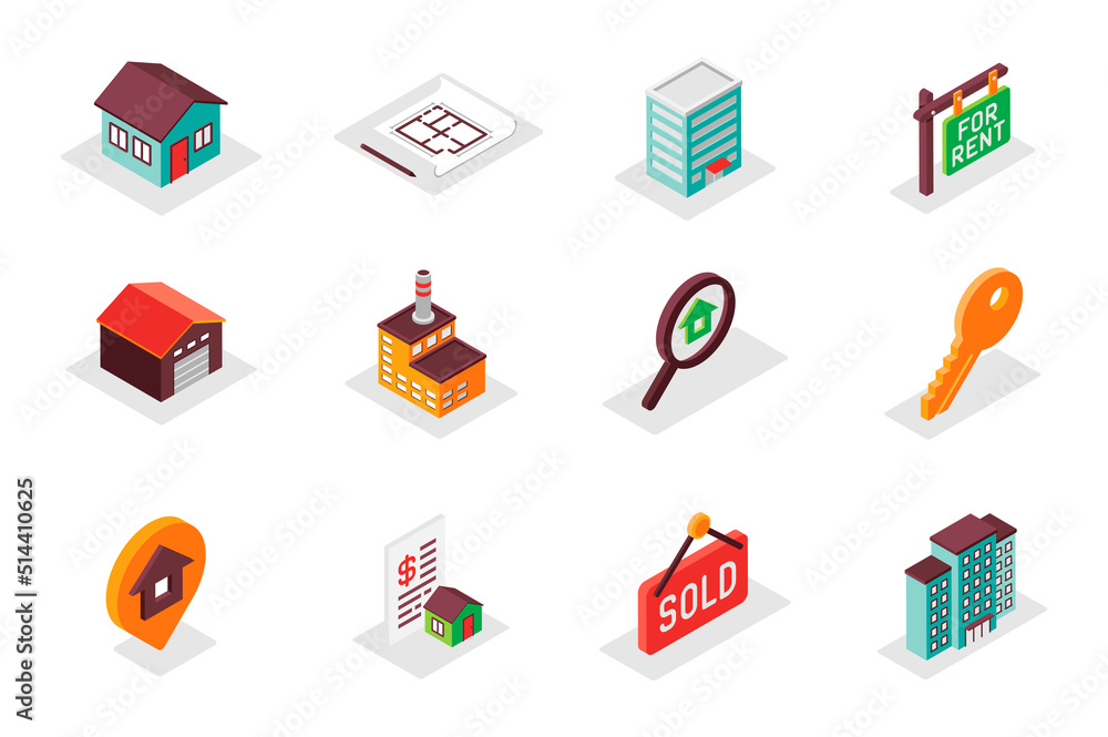 Real estate concept 3d isometric icons set. Pack isometry elements of house, architect blueprint, rent, garage, search, key, location, skyscraper and other. Illustration for modern web design Real estate concept 3d isometric icons set. Pack isometry elements of house, architect blueprint, rent, garage, search, key, location, skyscraper and other. Illustration for modern web design