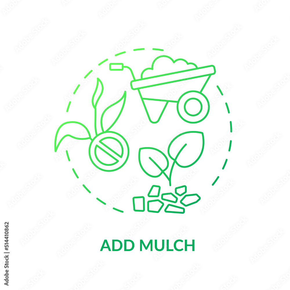 Add mulch green gradient concept icon. Cover soil surface to protect plants. Gardening tip abstract idea thin line illustration. Isolated outline drawing. Myriad Pro-Bold font used Add mulch green gradient concept icon. Cover soil surface to protect plants. Gardening tip abstract idea thin line illustration. Isolated outline drawing. Myriad Pro-Bold font used