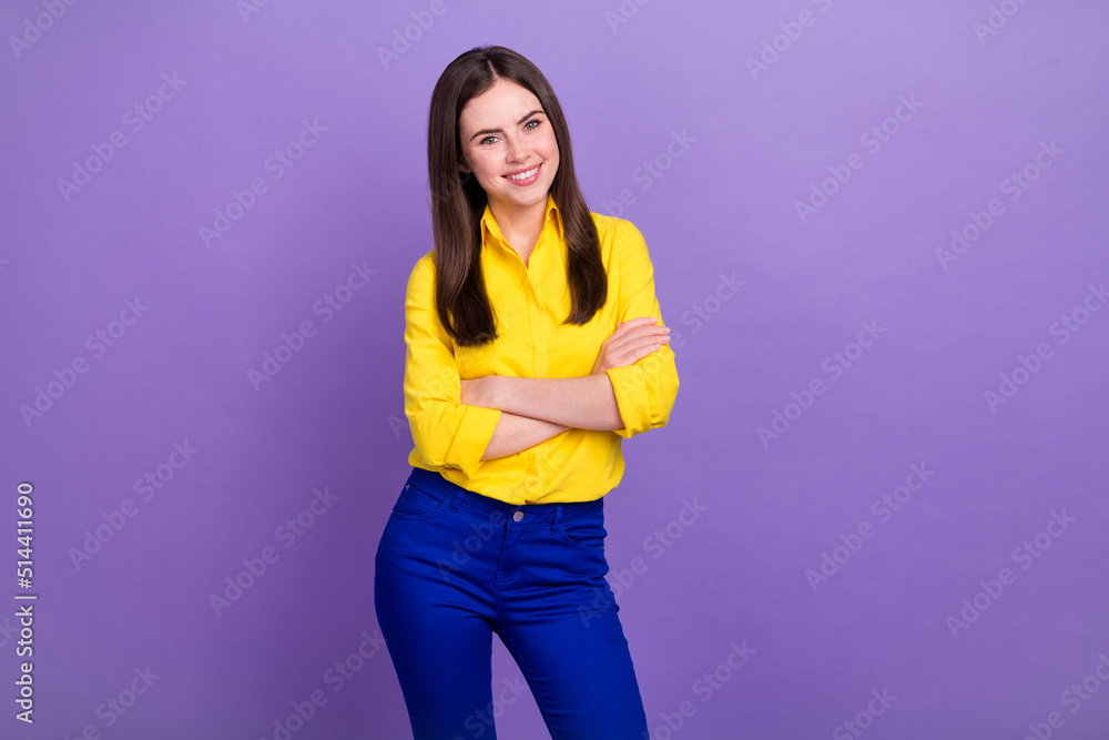 Portrait of attractive cheerful content girl folded arms isolated over bright violet purple color background Portrait of attractive cheerful content girl folded arms isolated over bright violet purple color background