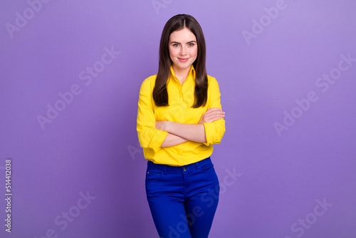 Portrait of attractive cheerful content girl folded arms wearing formalwear isolated over bright violet purple color background