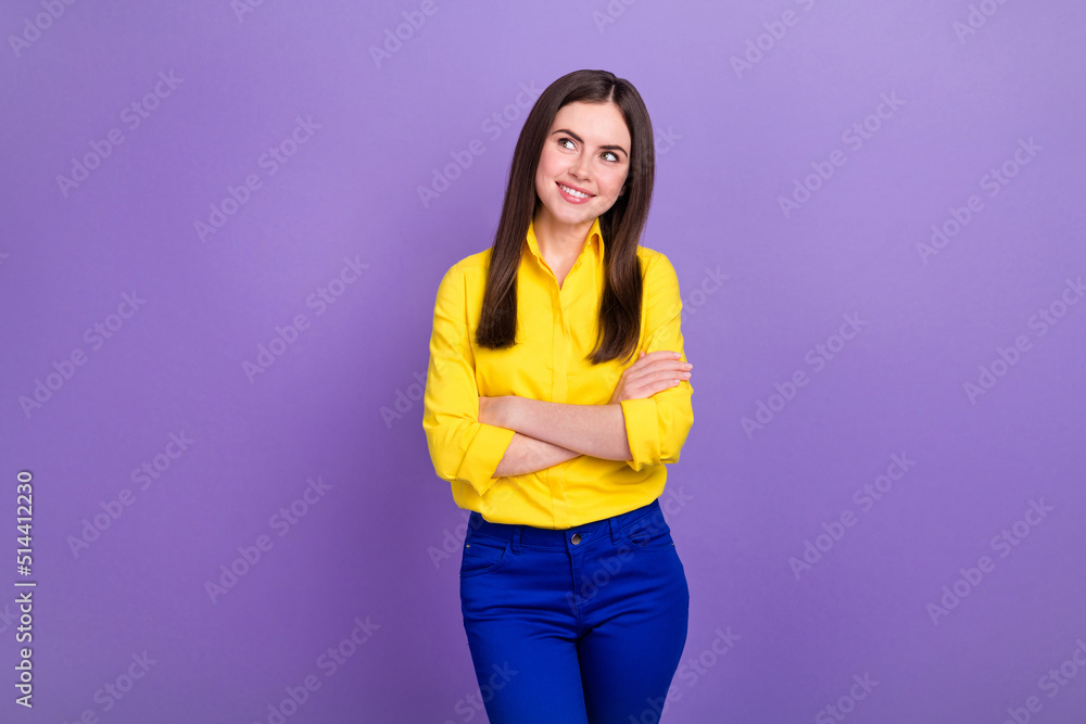 Portrait of attractive cheerful bewildered girl folded arms creating solution isolated over bright violet purple color background Portrait of attractive cheerful bewildered girl folded arms creating solution isolated over bright violet purple color background