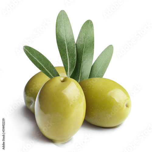 Three delicious green olives, isolated on white background