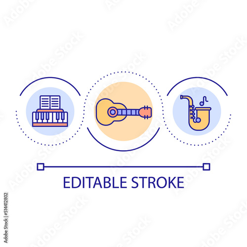 Multi-instrumentalist loop concept icon. Playing multiple musical instruments abstract idea thin line illustration. Music performance. Isolated outline drawing. Editable stroke. Arial font used