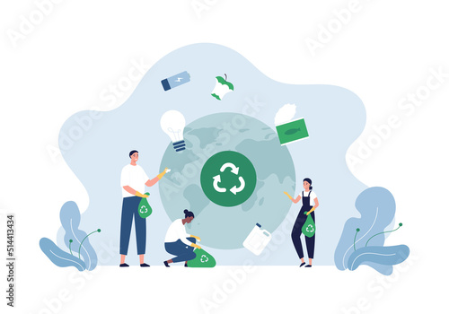 Ecology volunteering concept. Vector flat person illustration. Diverse group of volunteer collect garbage. Planet Earth, plastic bottle, battery, food, metal can and lightbulb symbol.