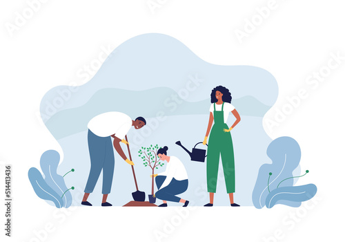 Ecology volunteering concept. Vector flat person illustration. African man and woman with girl volunteer plant tree on nature background isolated on white. Design for ecology activism