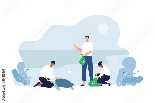 Ecology volunteering concept. Vector flat person illustration. Diverse man and woman volunteer help safe animal turtle and collect garbage on beach background. Design for ecology activism