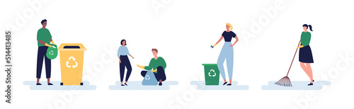 Ecology volunteering concept. Vector flat person illustration set. Diverse male and female group of volunteers collect garbage. Recycle bin and trash bag symbol. Design for ecology