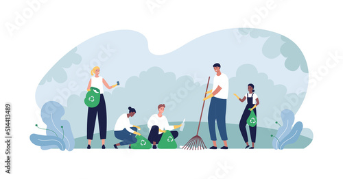 Ecology volunteering concept. Vector flat person illustration. Diverse group of man, woman and children volunteer collect plastic trash on nature park or garden background. Design for ecology activism